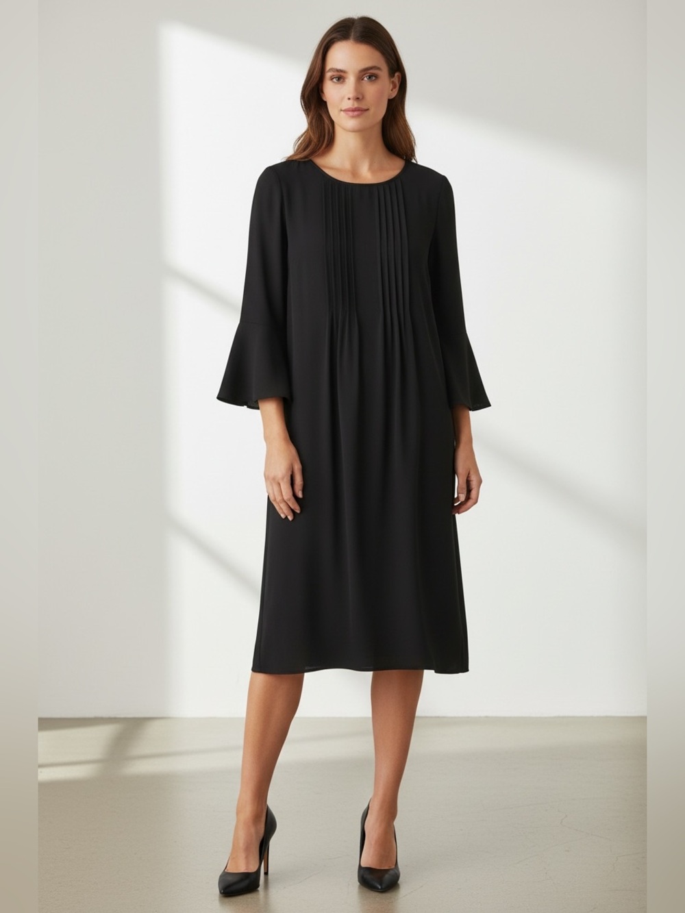 Sharagano NWT Women’s Black Midi Pleated 3/4 Sleeve Shift Dress In Size 16W - Picture 3 of 15